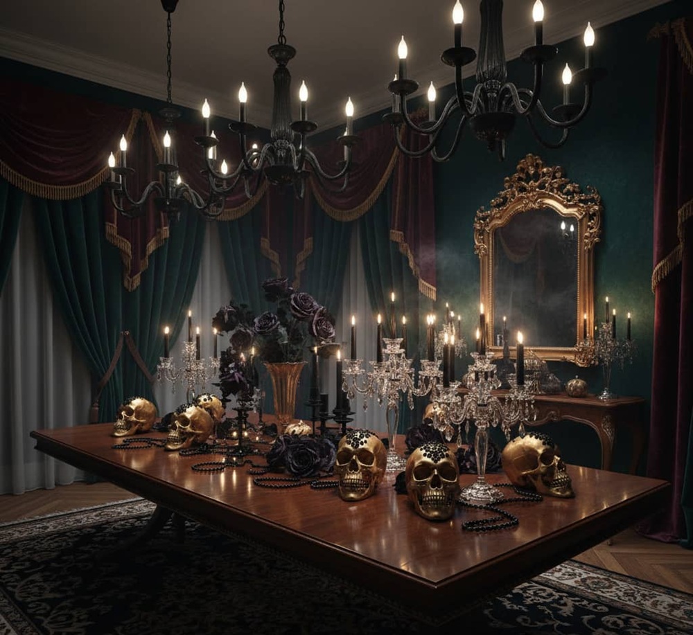 Luxurious Halloween decor featuring black chandeliers