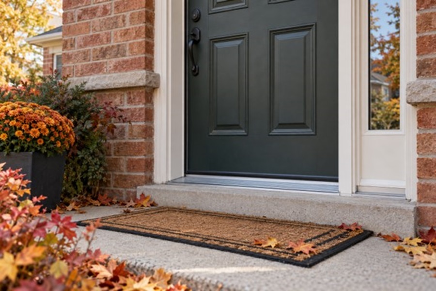 Front door and threshold of a brick home in autumn